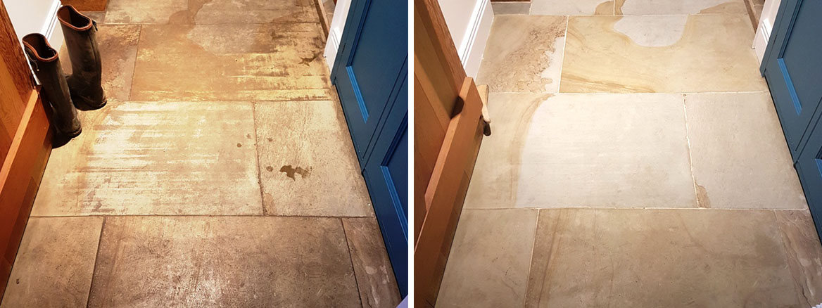 Dirty Lapicida Sandstone Floor Before and After Cleaning Bedale