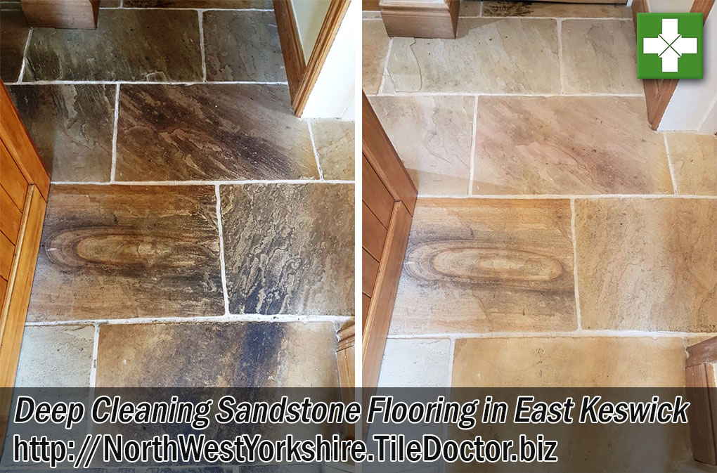 Multi-coloured Sandstone Floor Tiles Before After Cleaning East Keswick